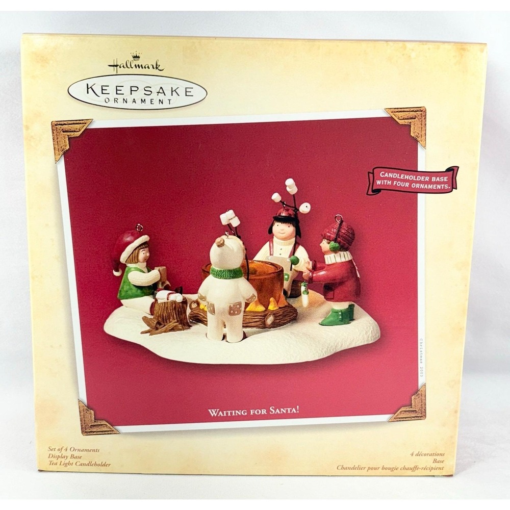 Hallmark 2003 Keepsake WAITING FOR SANTA Tea Light Candle Holder 4 Ornaments NEW